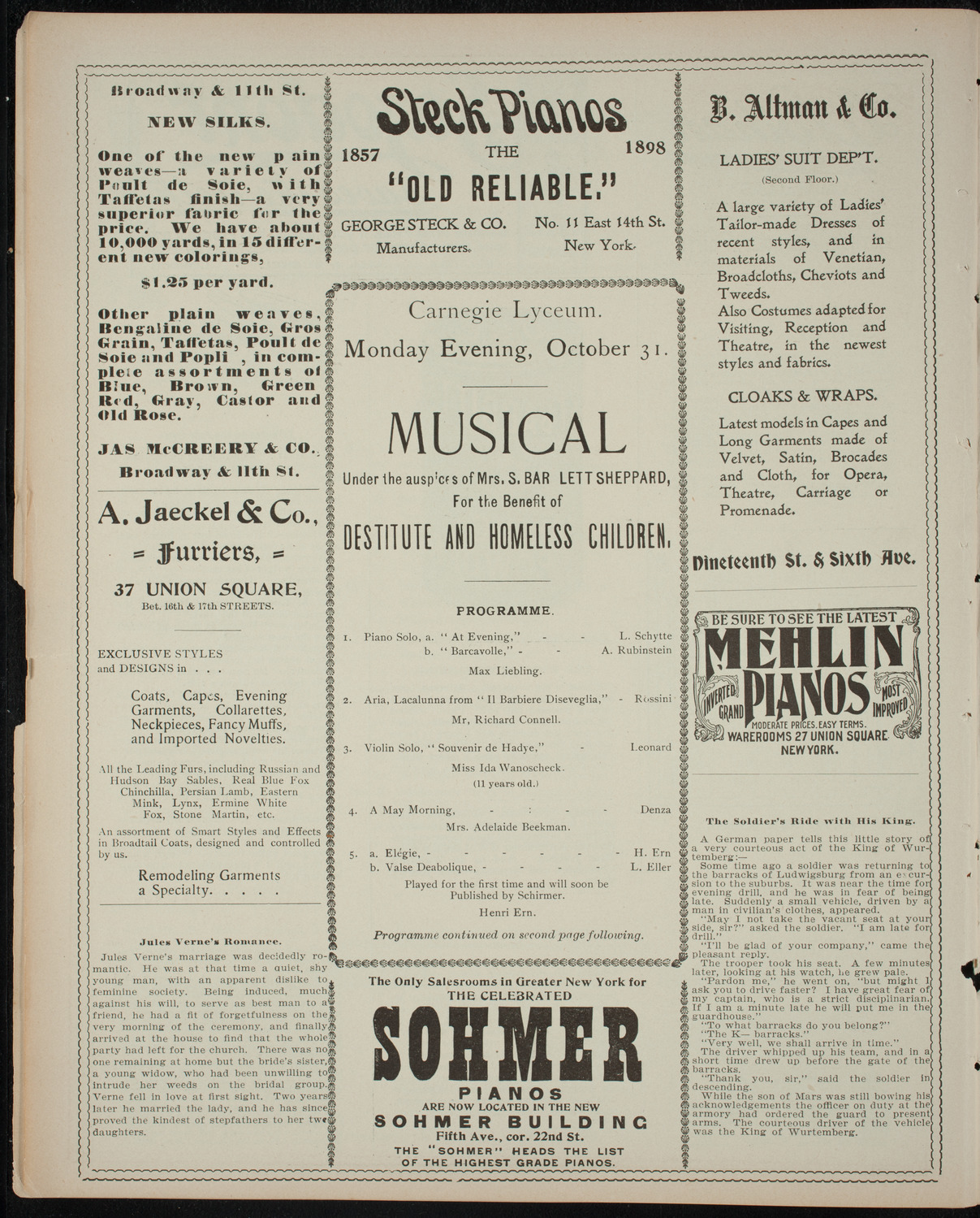 Benefit: Destitute and Homeless Children, October 31, 1898, program page 4