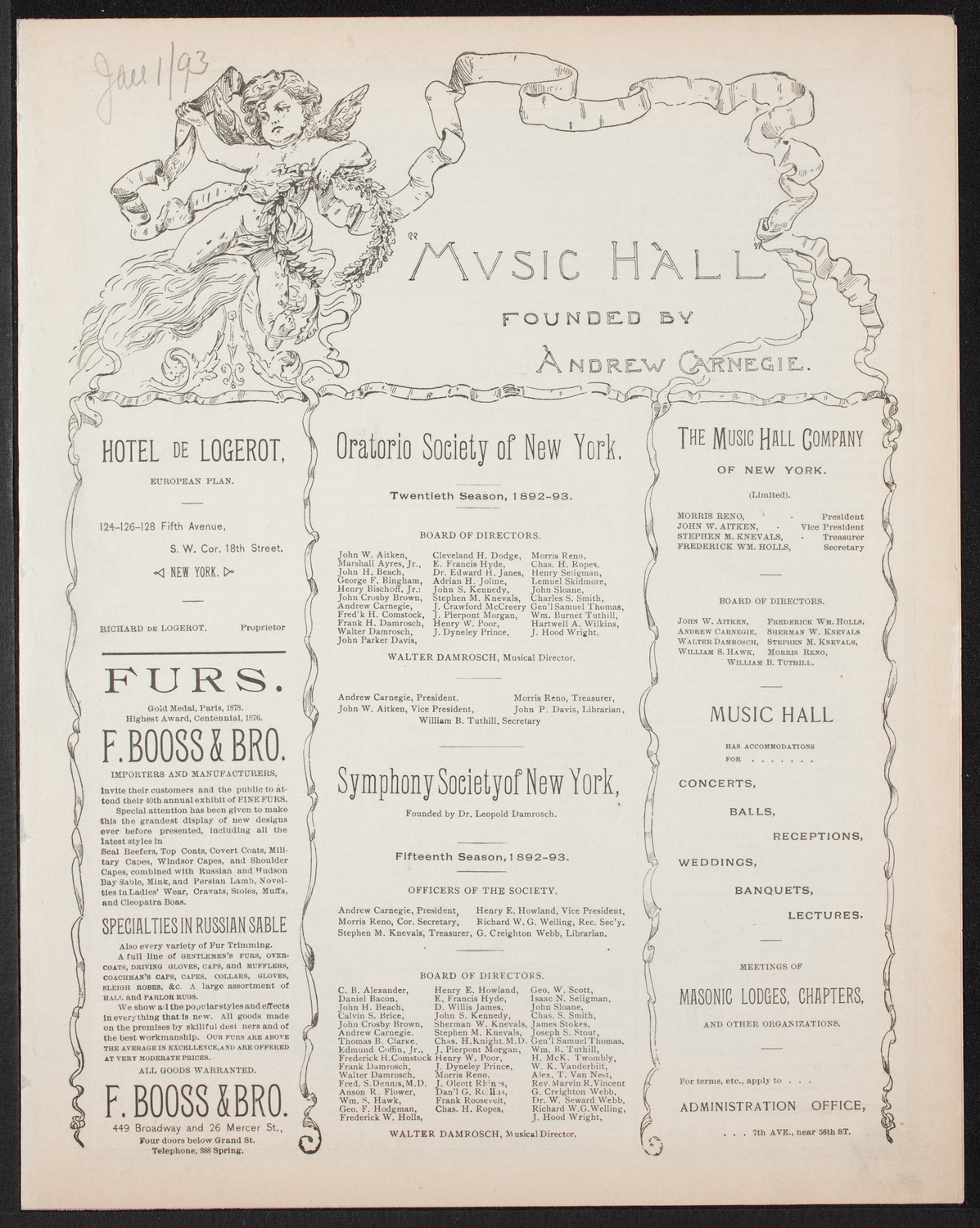 Damrosch Sunday Concert, January 1, 1893, program page 1
