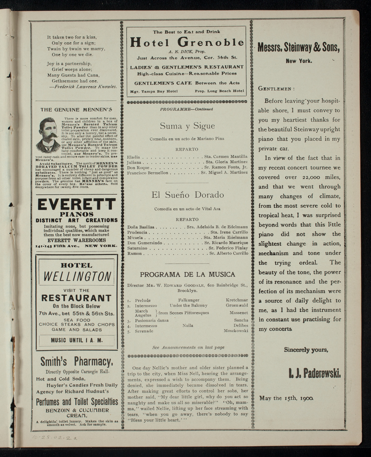 Club Social "Entre Nous" Musical and Dramatic Program, October 25, 1902, program page 3