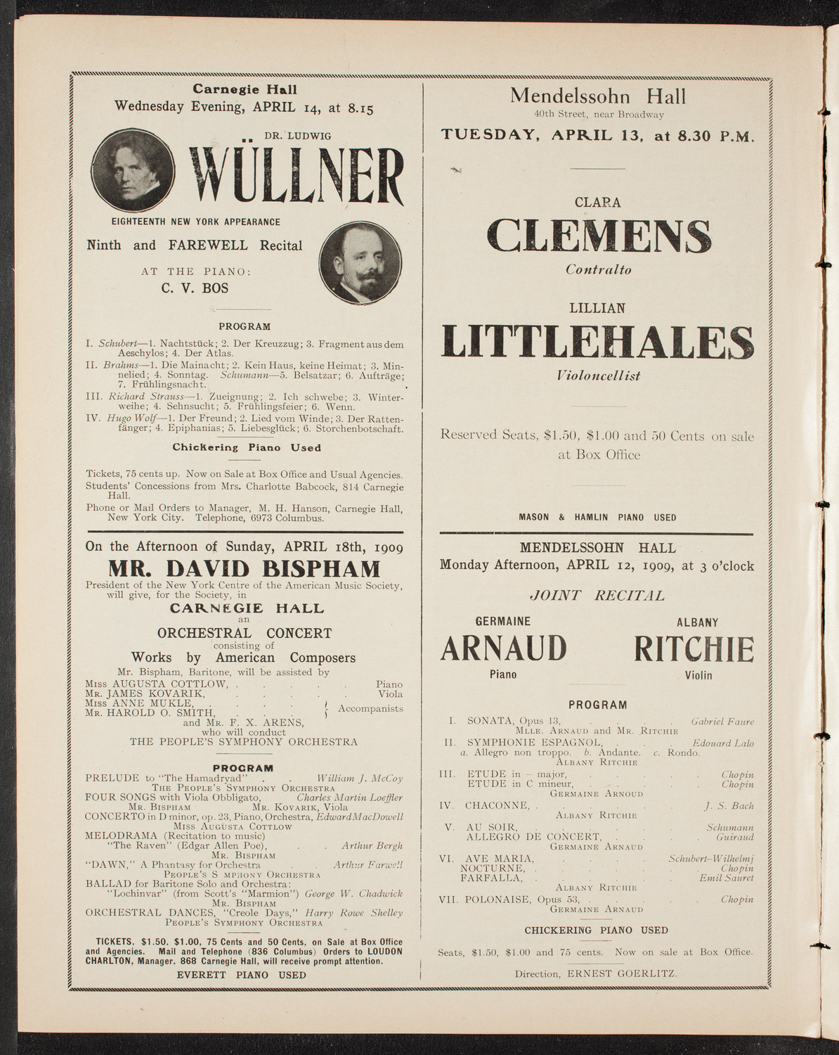 Gustav Mahler and New York Philharmonic, April 6, 1909, program page 10