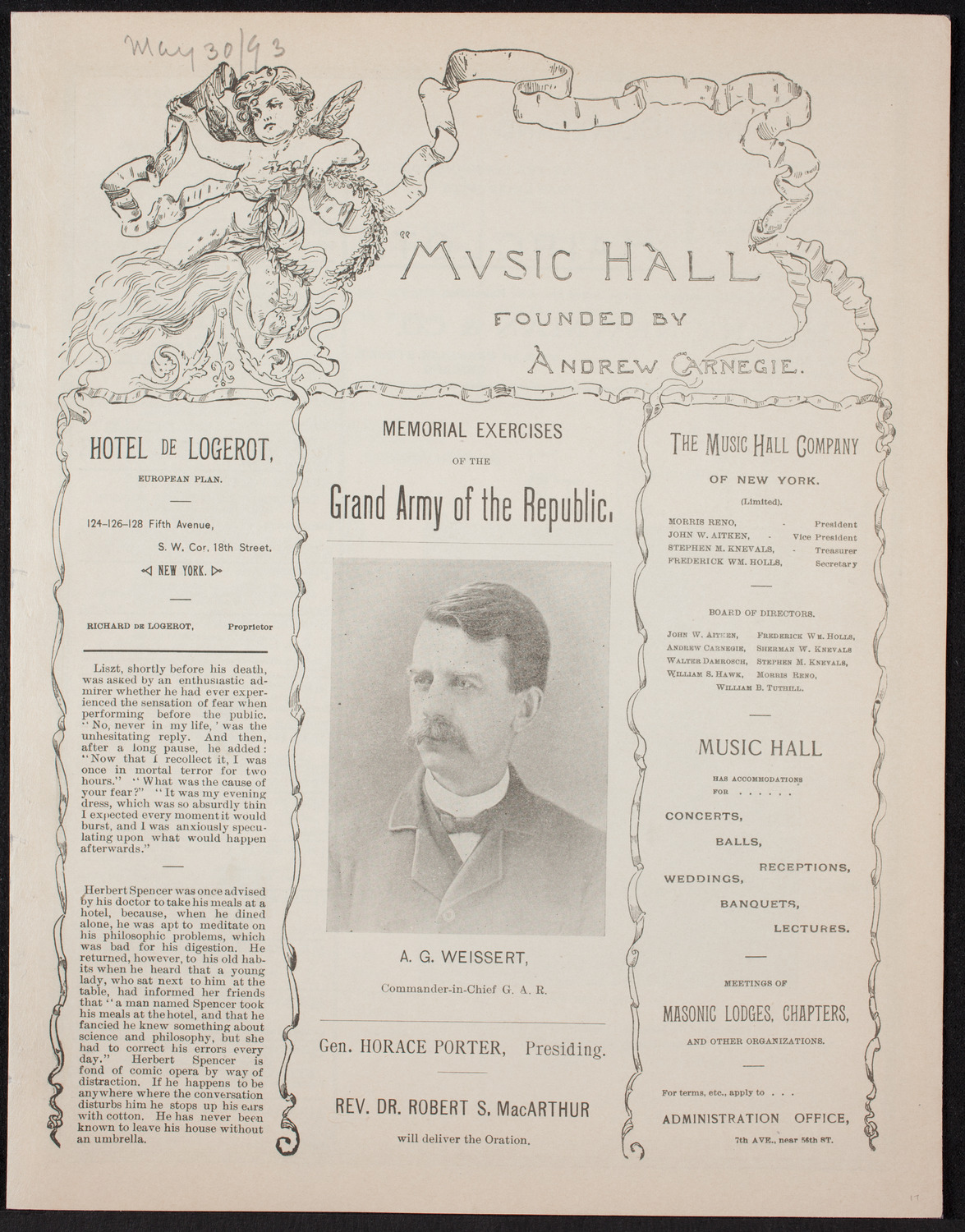 Memorial Excercises of the Grand Army of the Republic, May 30, 1893, program page 1