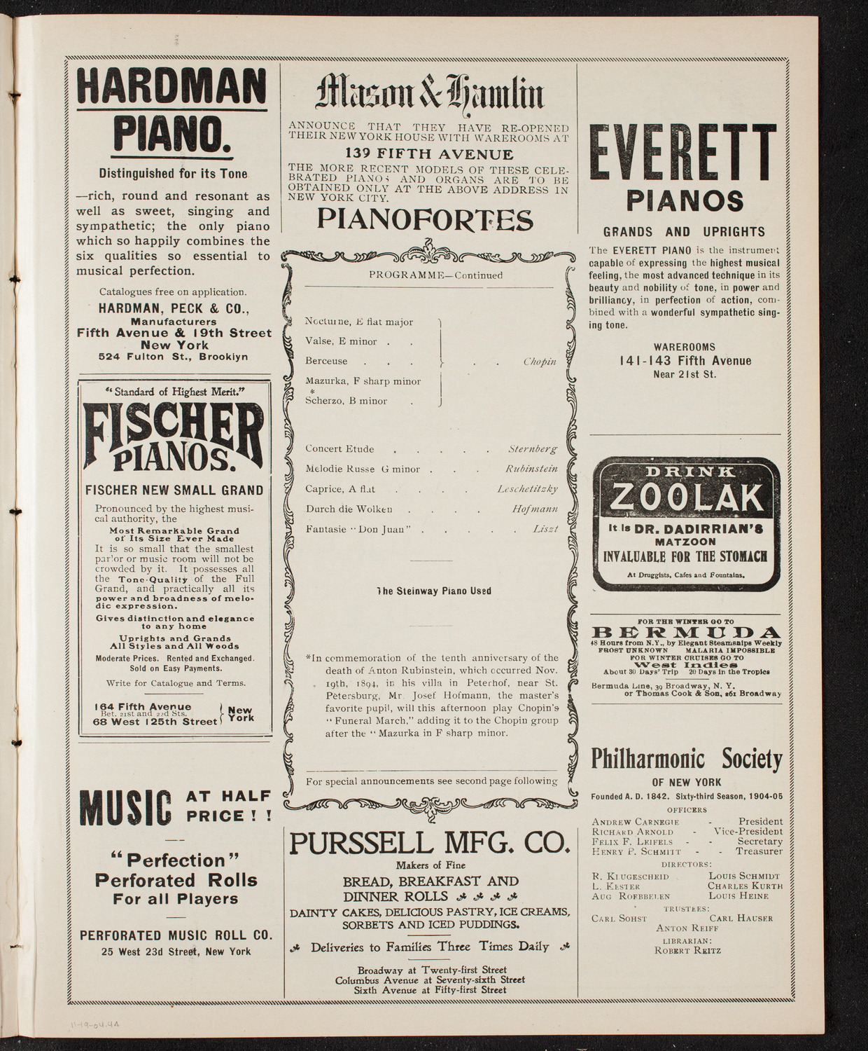 Josef Hofmann, Piano, November 19, 1904, program page 7