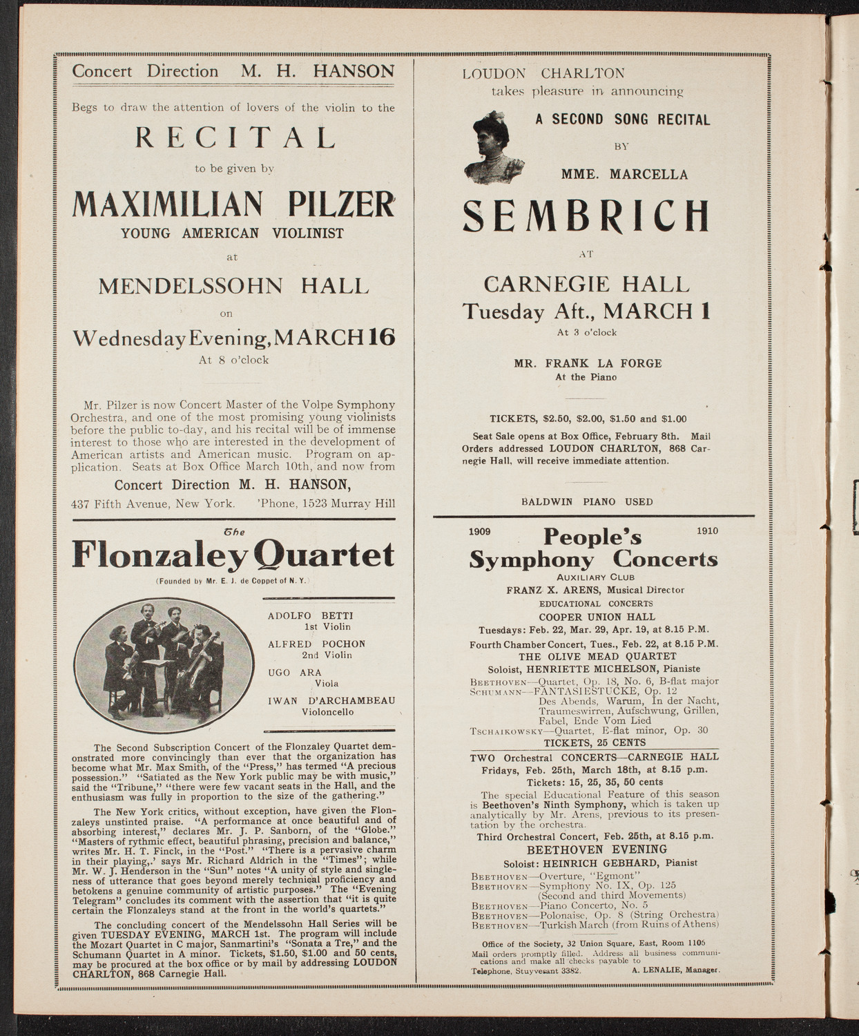 Mischa Elman, Violin, February 19, 1910, program page 10