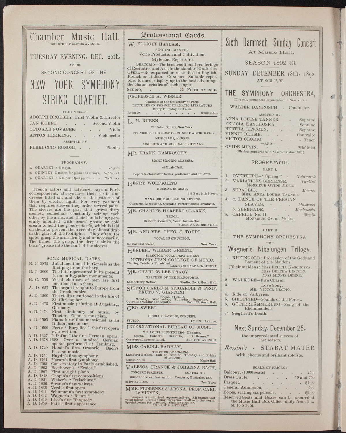 Damrosch Sunday Concert, December 11, 1892, program page 2