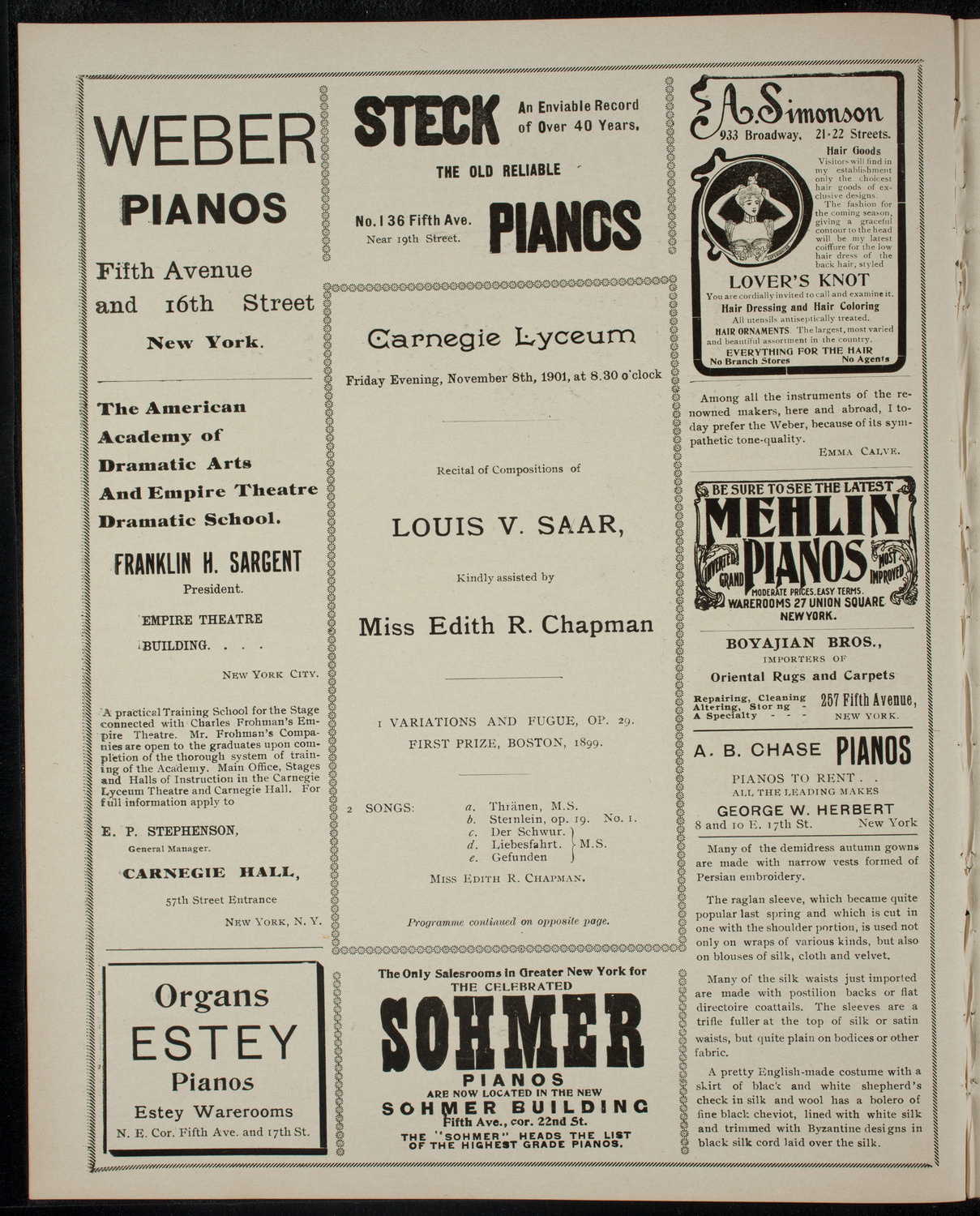 Recital of Compositions of Louis V. Saar, November 8, 1901, program page 2