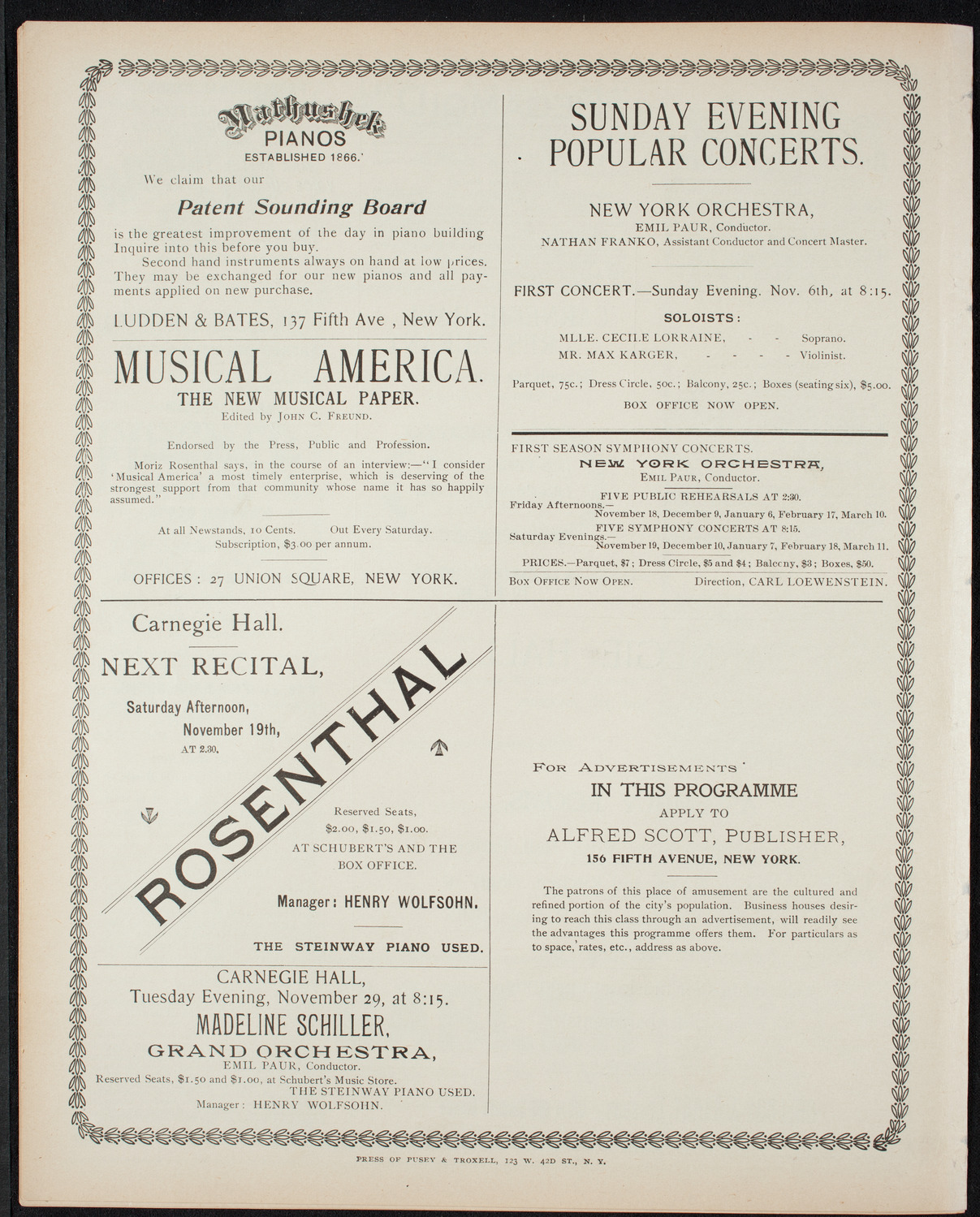 Moriz Rosenthal, Piano, November 1, 1898, program page 8