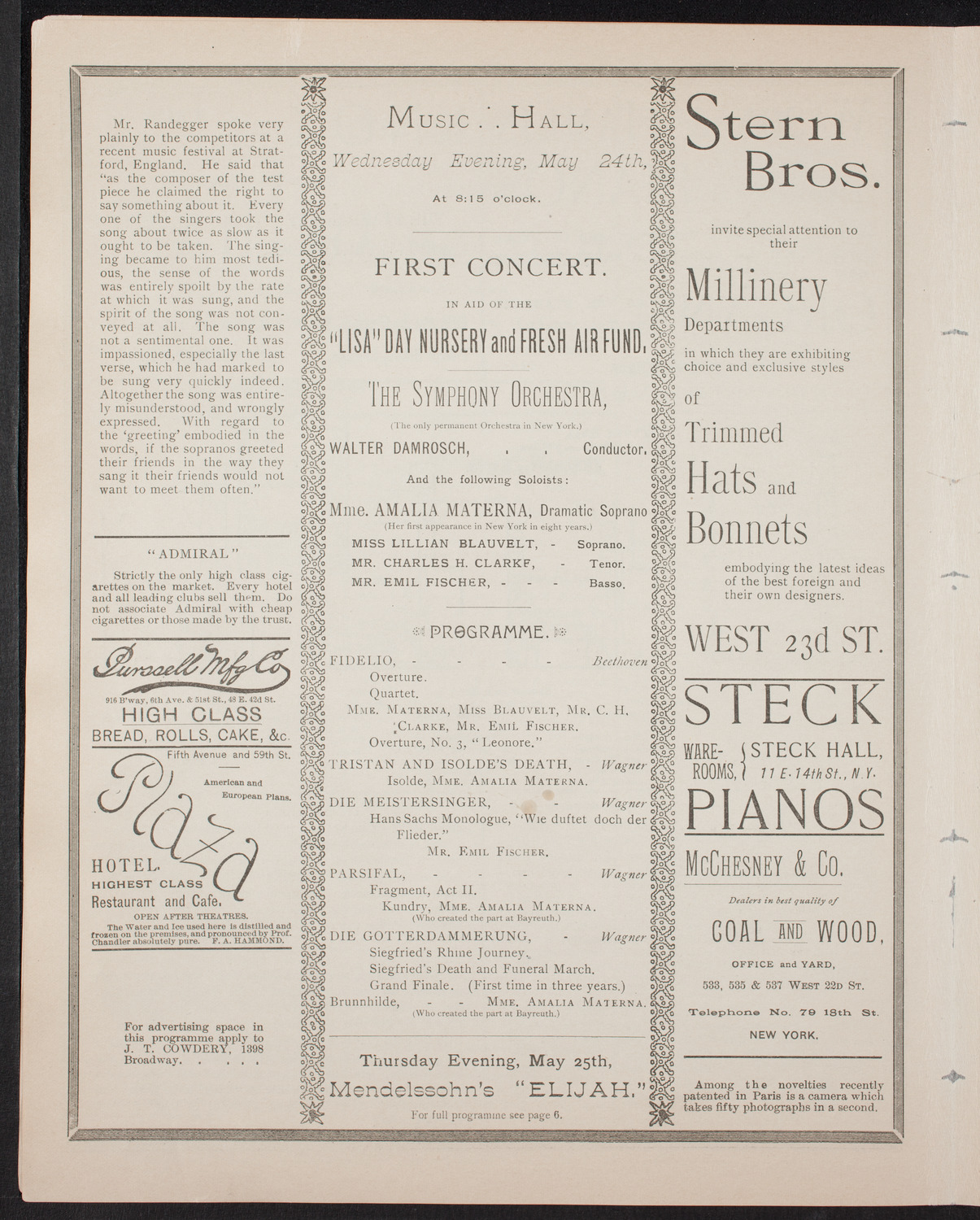 Amalia Materna/ New York Symphony Orchestra, May 24, 1893, program page 4