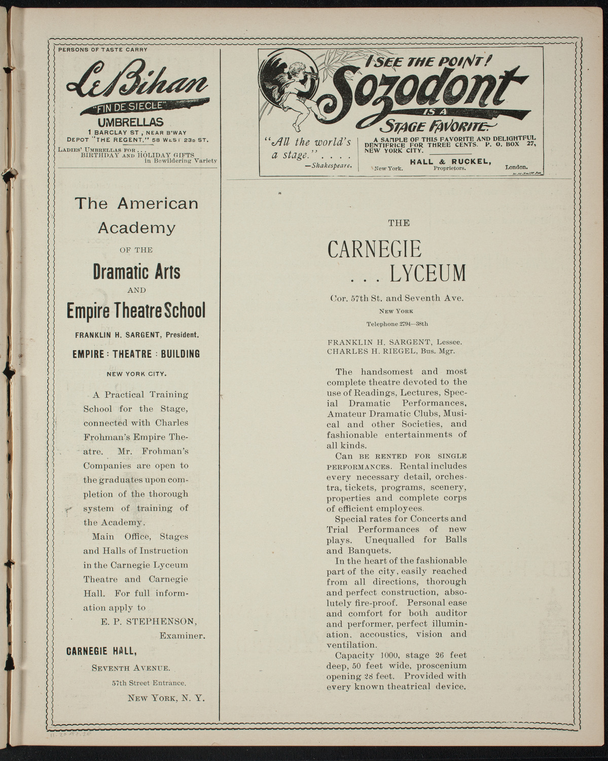 Benefit: Fondas Para Ropa, November 20, 1897, program page 3