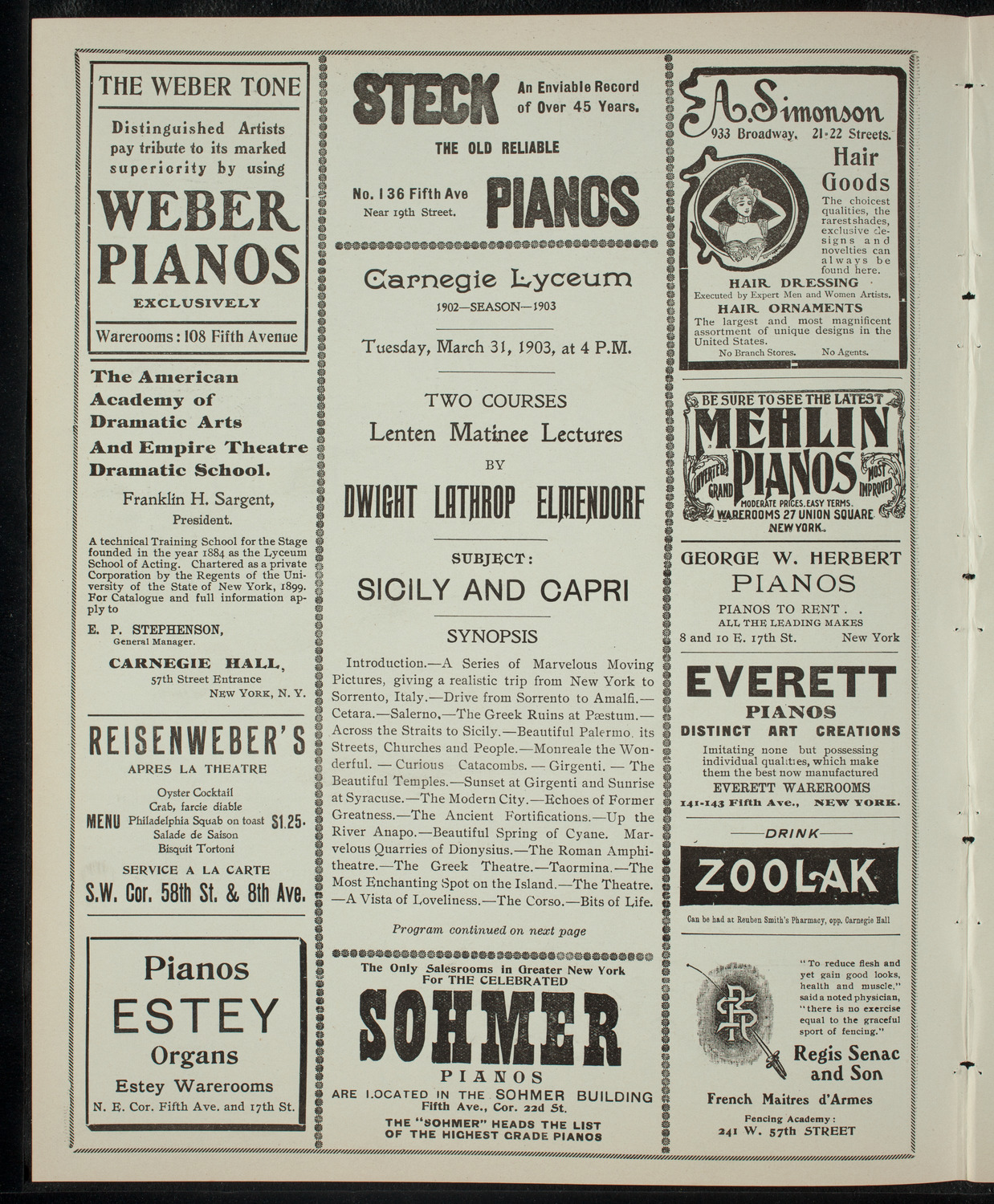 Elmendorf Lecture: Sicily and Capri, March 31, 1903, program page 2