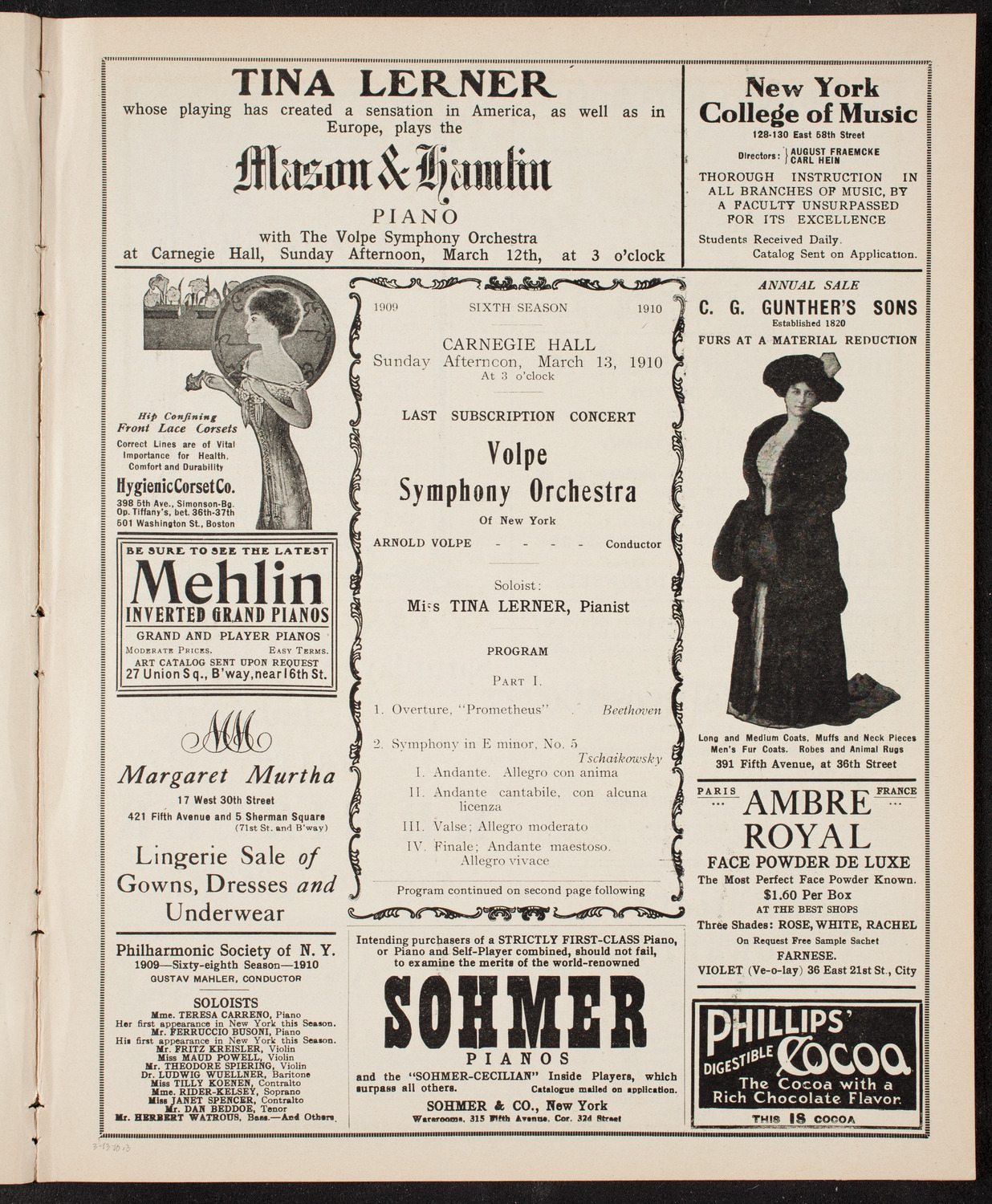 Volpe Symphony Society of New York, March 13, 1910, program page 5