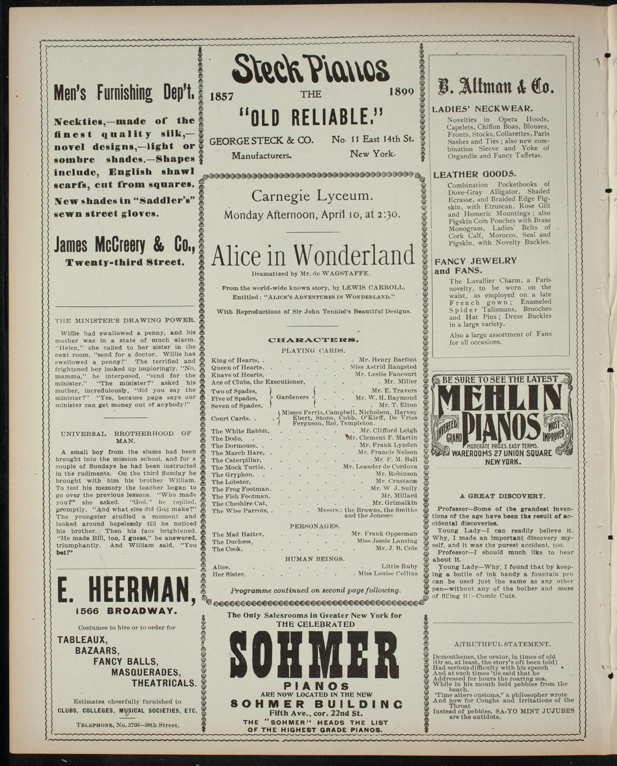 Alice in Wonderland, April 10, 1899, program page 4