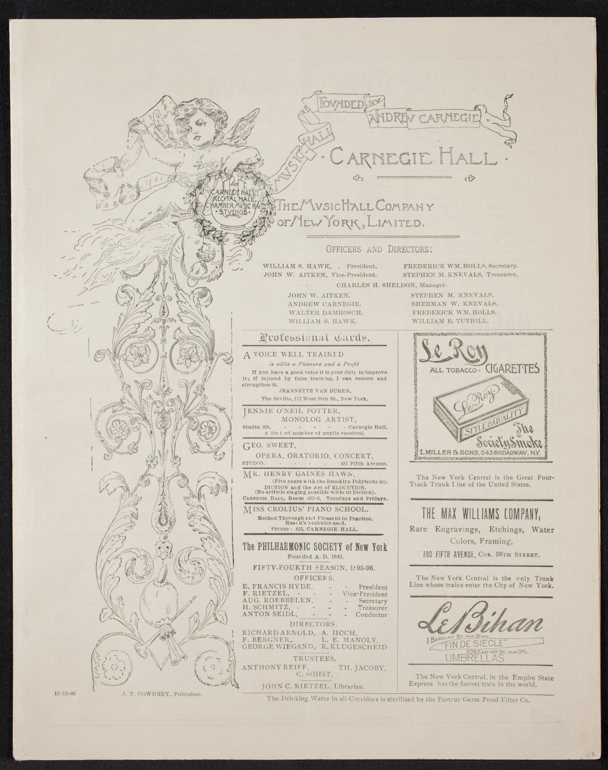 New York Philharmonic, December 13, 1895, program page 1