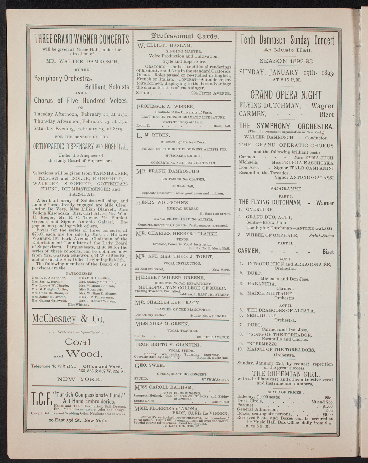 New York Philharmonic, January 14, 1893, program page 2