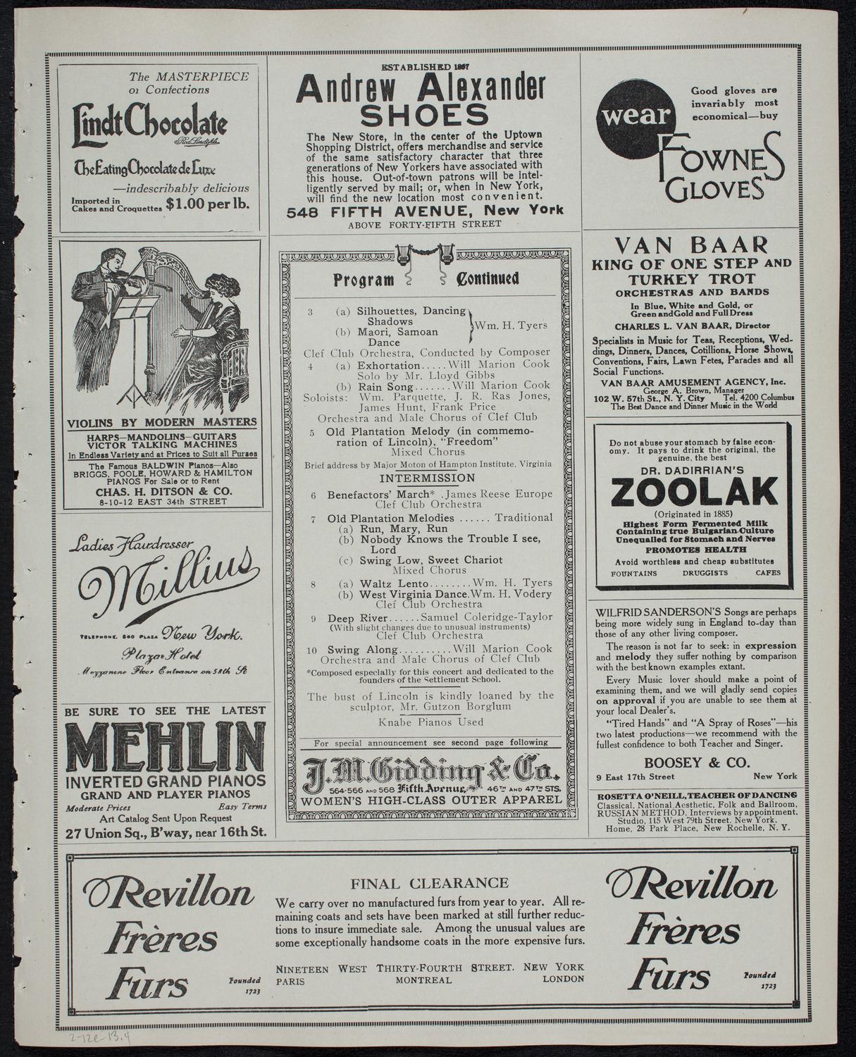 Clef Club Orchestra / Benefit: Music School Settlement for Colored People of the City of New York, February 12, 1913, program page 7