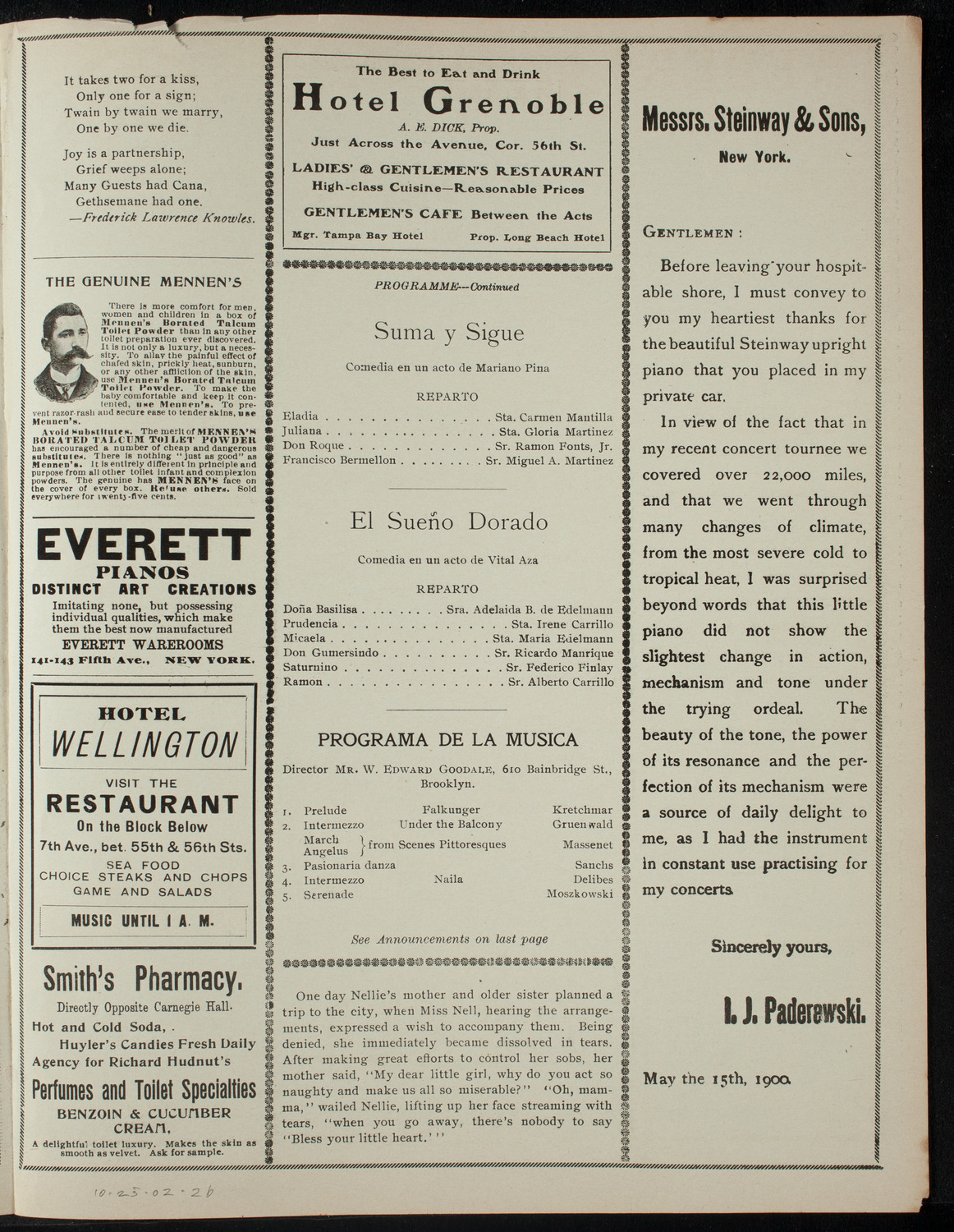 Club Social "Entre Nous" Musical and Dramatic Program, October 25, 1902, program page 3
