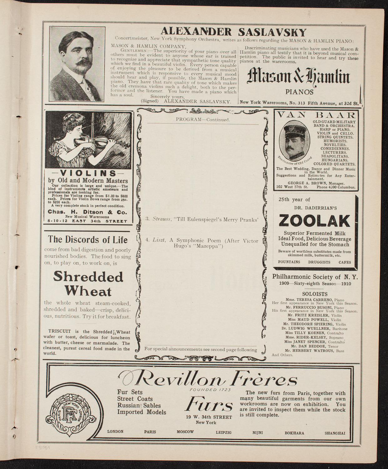 New York Philharmonic, November 4, 1909, program page 7