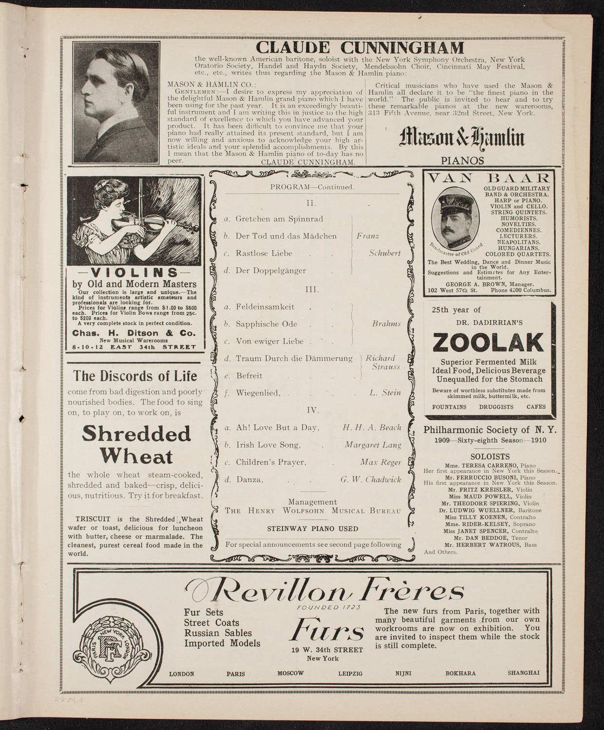 Ernestine Schumann-Heink, Mezzo-Soprano, November 6, 1909, program page 7