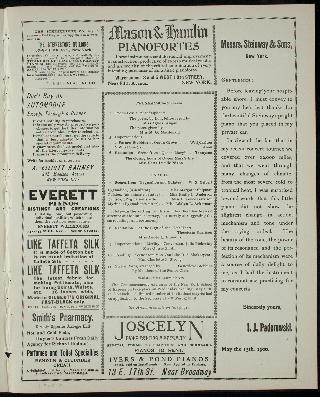 New York School of Expression Senior Class Recital, April 9, 1902, program page 3