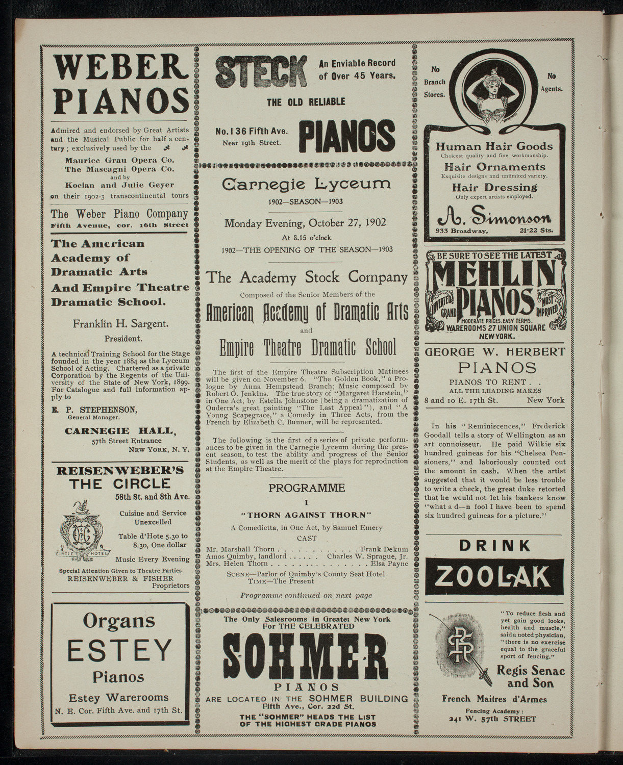 Academy Stock Company of the American Academy of Dramatic Arts and Empire Theatre Dramatic School, October 27, 1902, program page 2