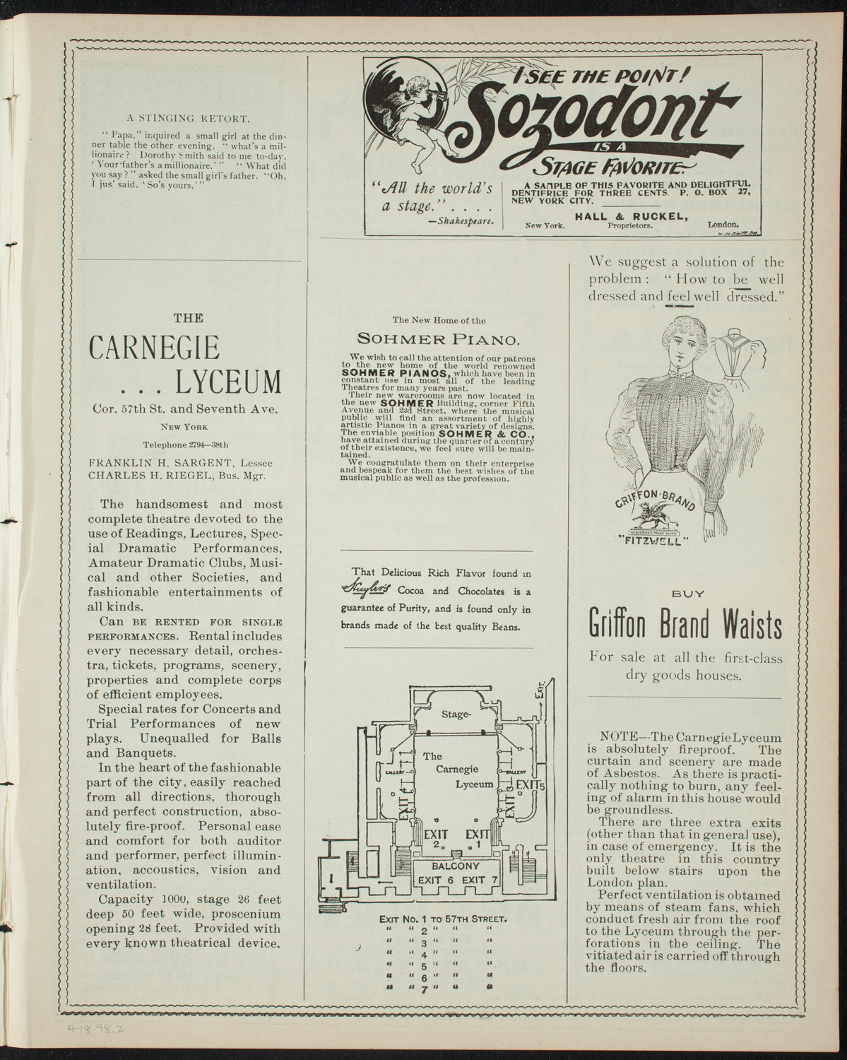 Benefit: Bessie and Mamie Silberfeld, April 18, 1898, program page 3