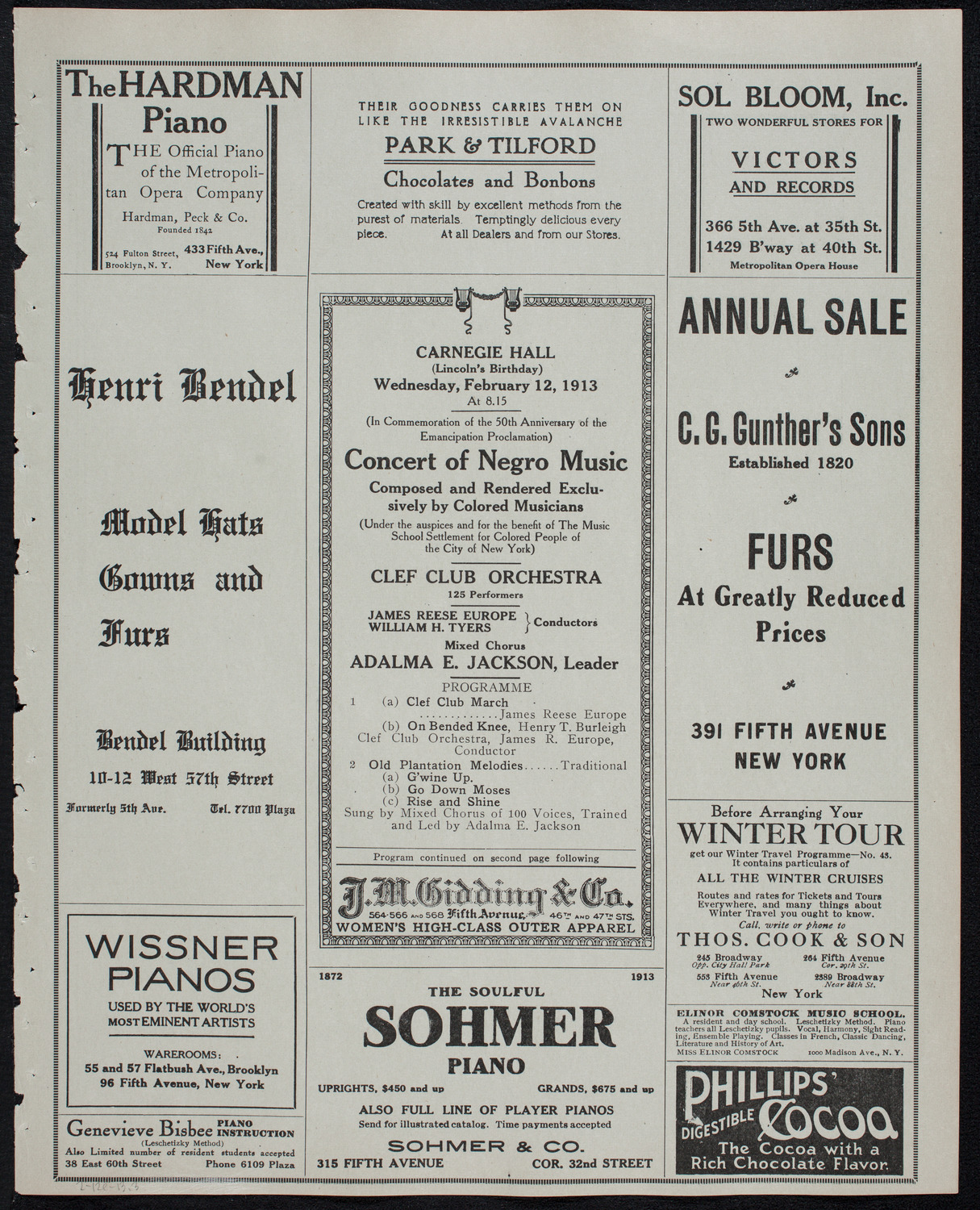 Clef Club Orchestra / Benefit: Music School Settlement for Colored People of the City of New York, February 12, 1913, program page 5