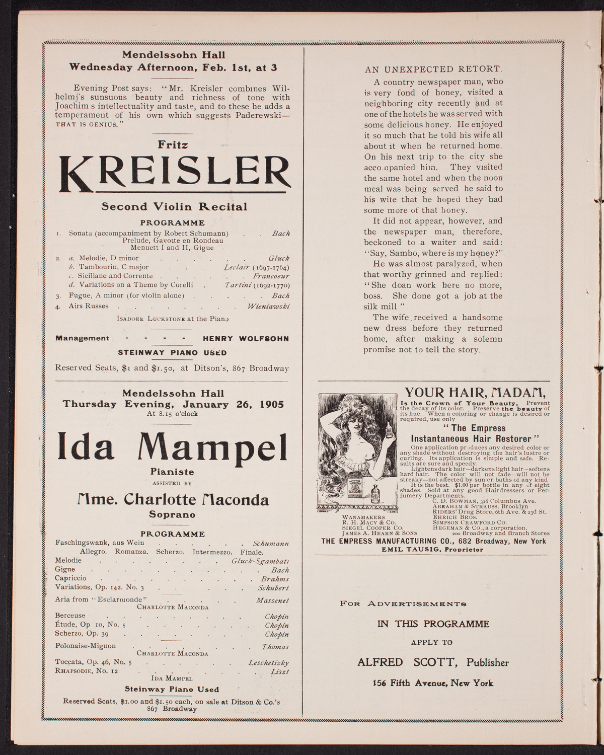 Franz von Vecsey, Violin, January 21, 1905, program page 10