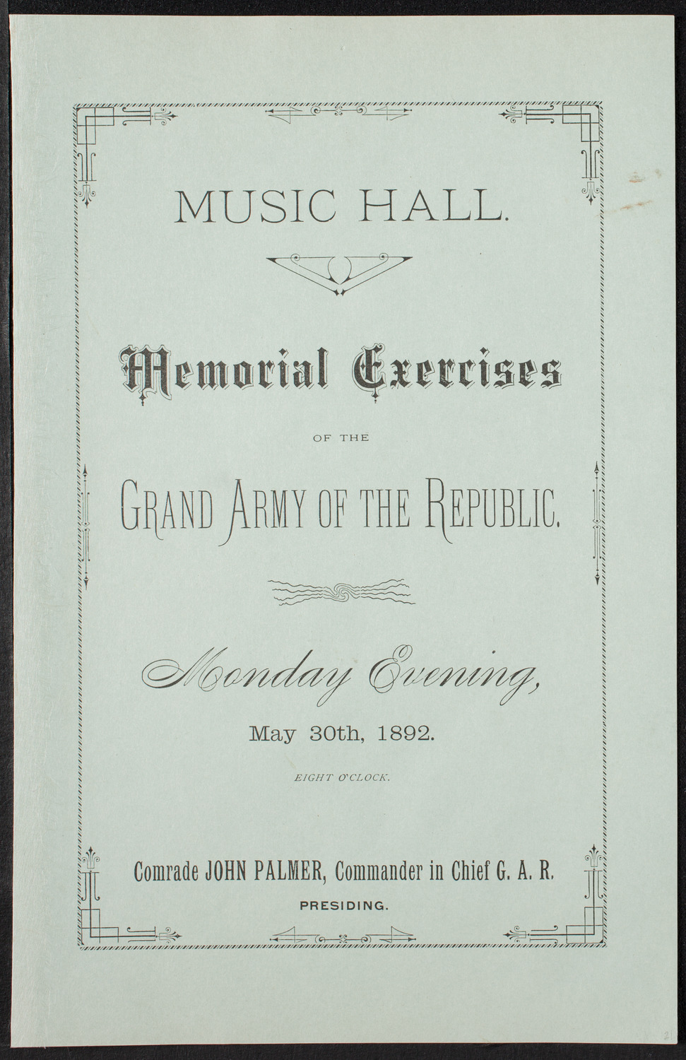 Grand Army of the Republic Memorial Day Exercises, May 30, 1892, program page 1