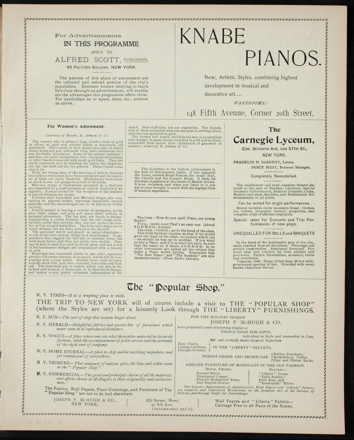Oratorio Society of New York, December 2, 1896, program page 3