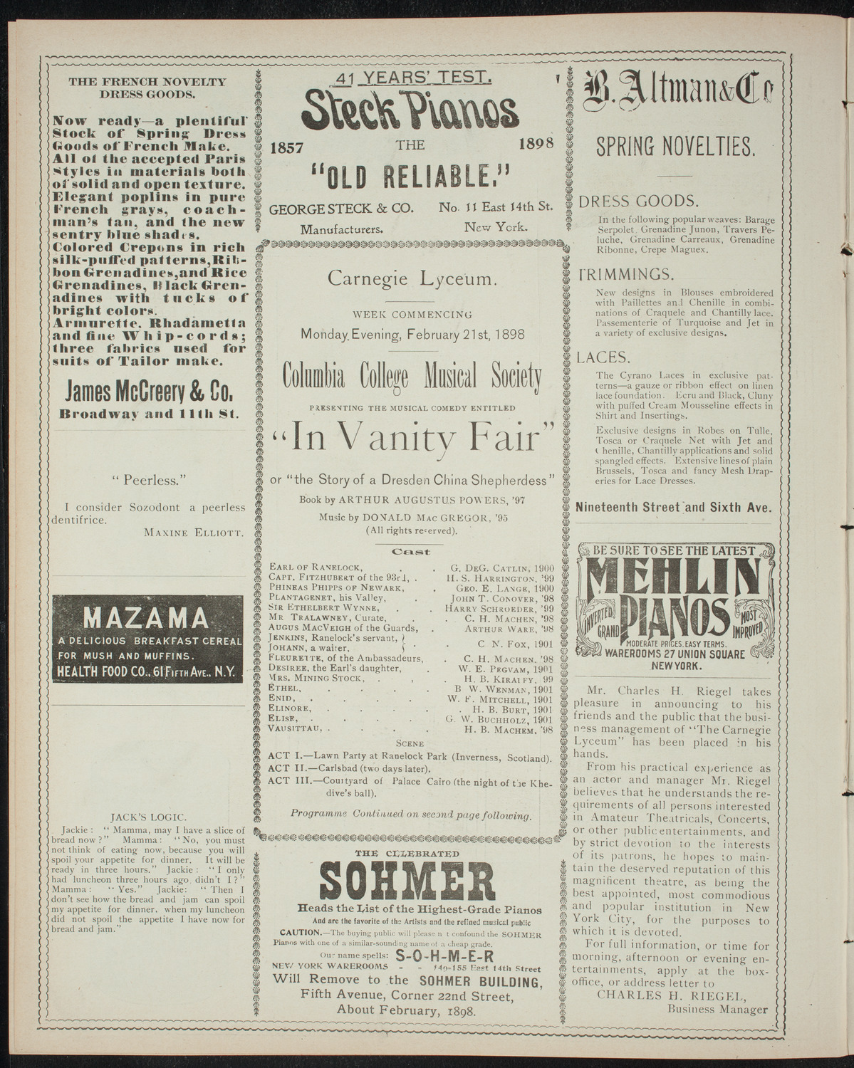 Columbia College Musical Society, February 21, 1898, program page 4