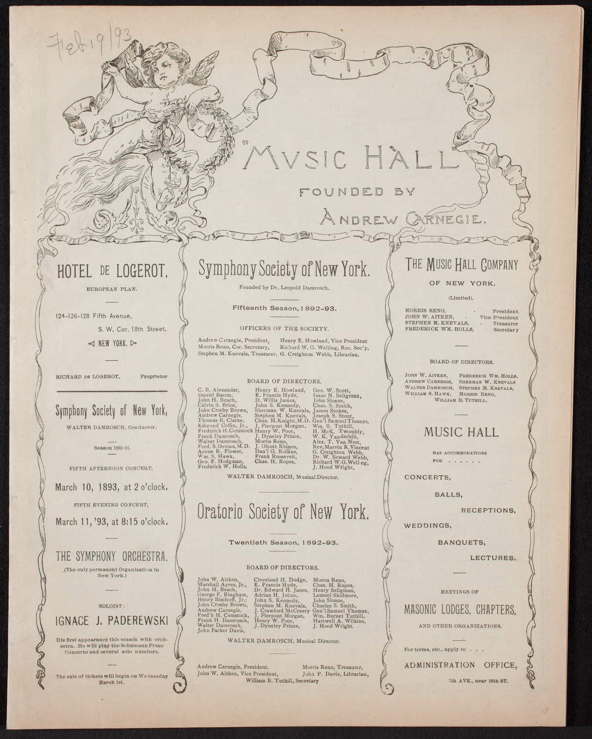 Damrosch Sunday Concert, February 19, 1893, program page 1
