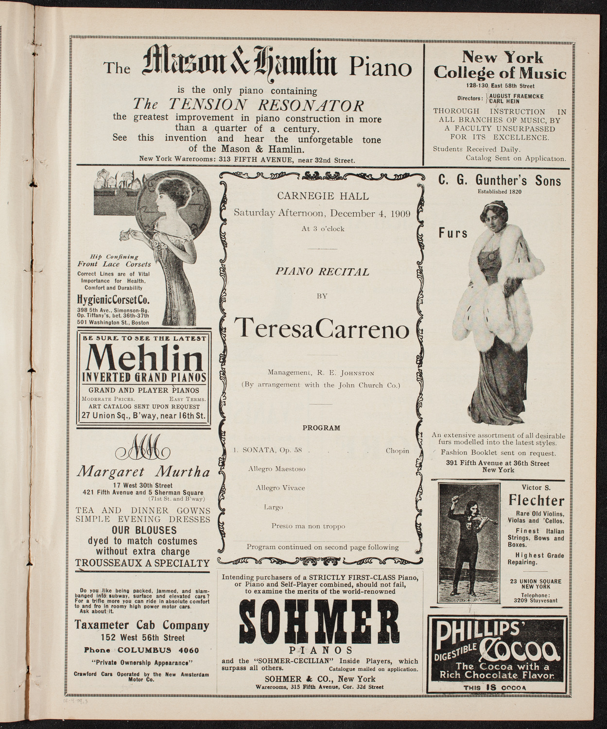 Teresa Carreño, Piano, December 4, 1909, program page 5