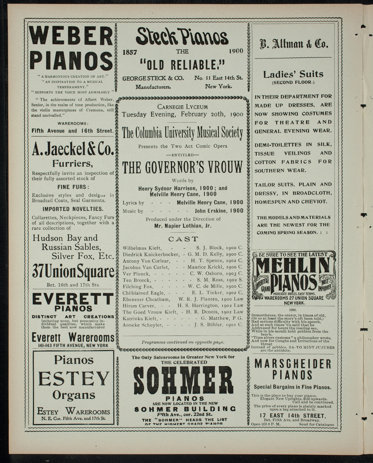 Columbia University Musical Society, February 20, 1900, program page 2