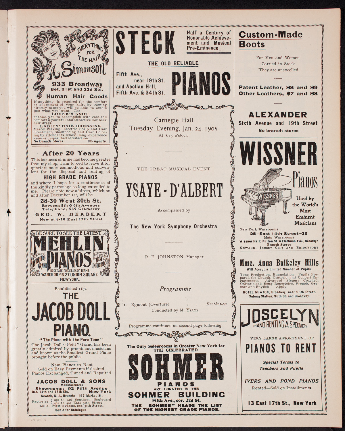 Eugène Ysaÿe and Eugen d'Albert with the New York Symphony Orchestra, January 24, 1905, program page 5