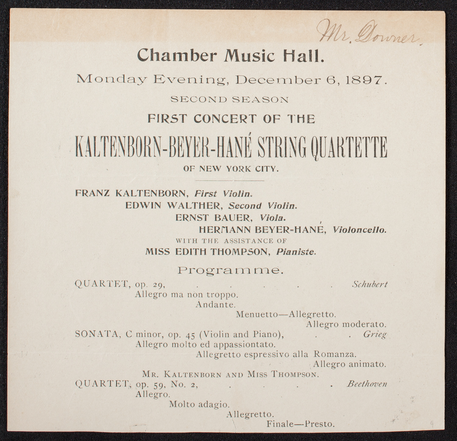 Kaltenborn-Beyer-Hane String Quartet, December 6, 1897, program page 1