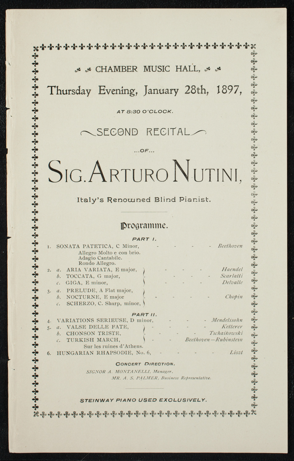 Arturo Nutini "Italy's Renowned Blind Pianist", January 28, 1897, program page 1