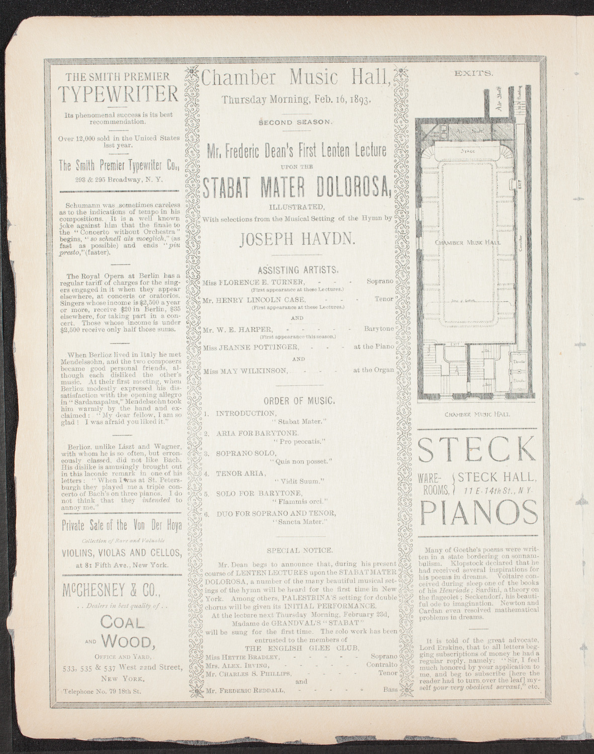 Frederic Dean's First Lenten Lecture, February 16, 1893, program page 2