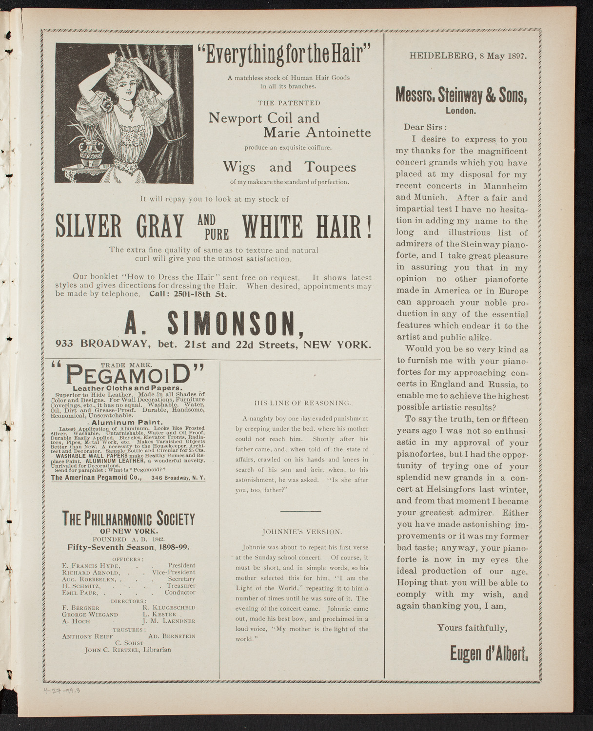Rafael Joseffy, Piano, April 27, 1899, program page 5