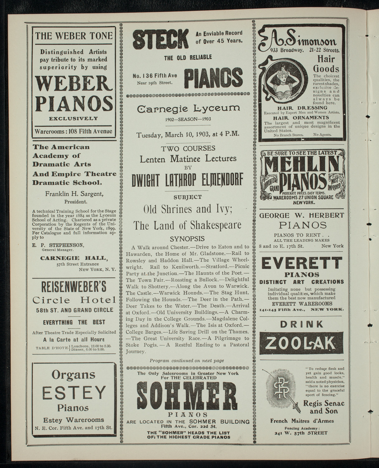 Elmendorf Lecture: The Land of Shakespeare, March 10, 1903, program page 2