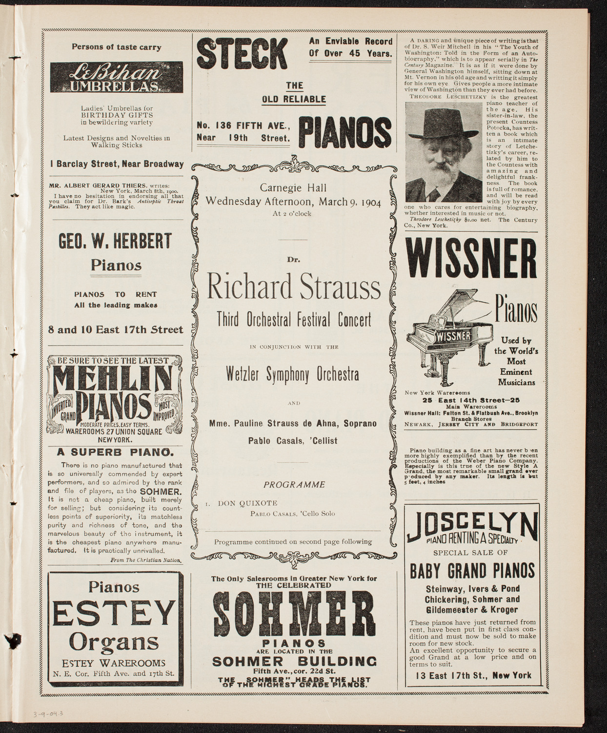 Richard Strauss with Wetzler Symphony Orchestra, March 9, 1904, program page 5