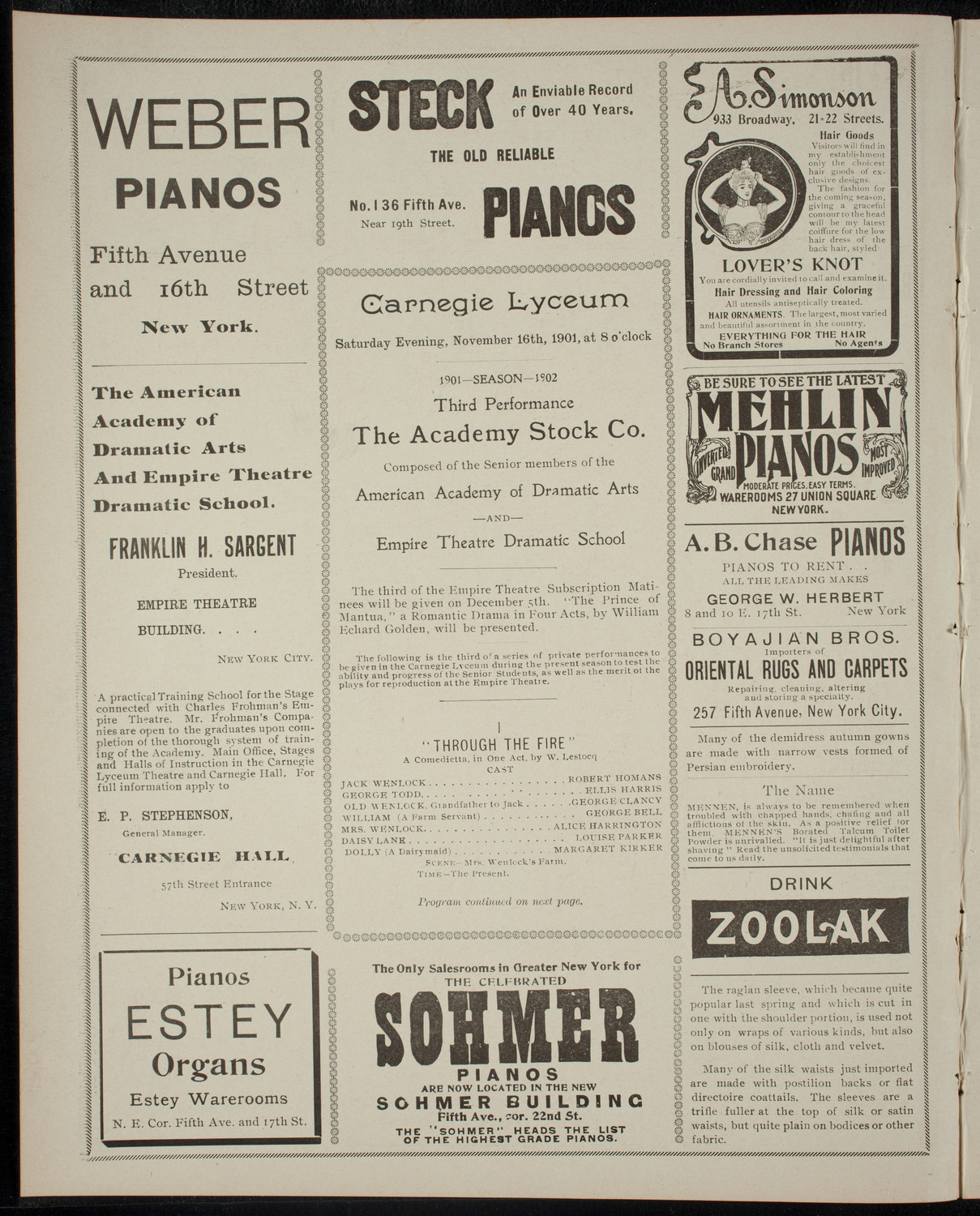 Academy Stock Company of the American Academy of Dramatic Arts and Empire Theatre Dramatic School, November 16, 1901, program page 2