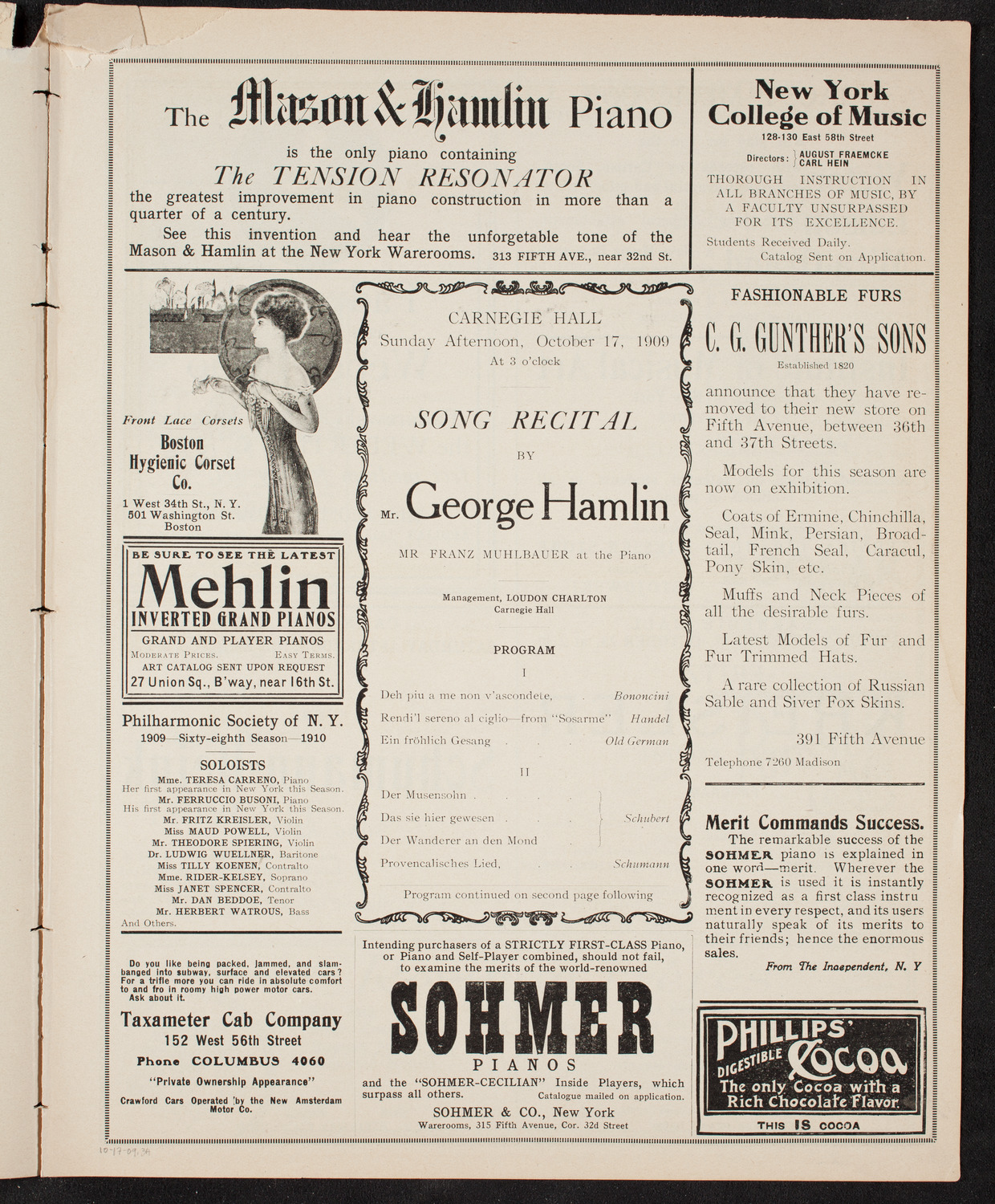 George Hamlin, Tenor, October 17, 1909, program page 5