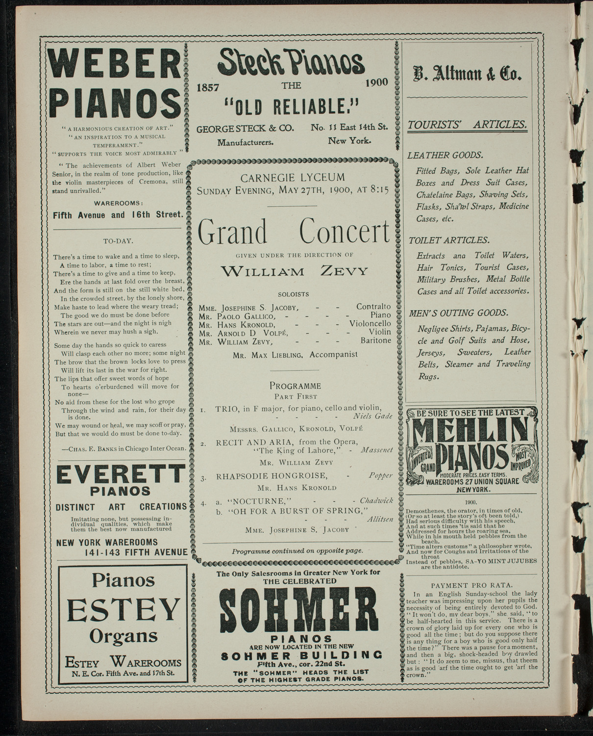 Grand Concert Given featuring William Zevy, May 27, 1900, program page 2
