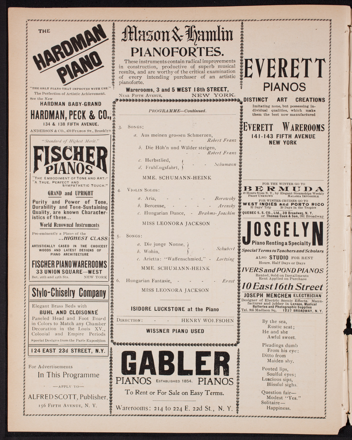 Ernestine Schumann-Heink, Mezzo-Soprano, and Leonora Jackson, Violin, October 11, 1900, program page 6