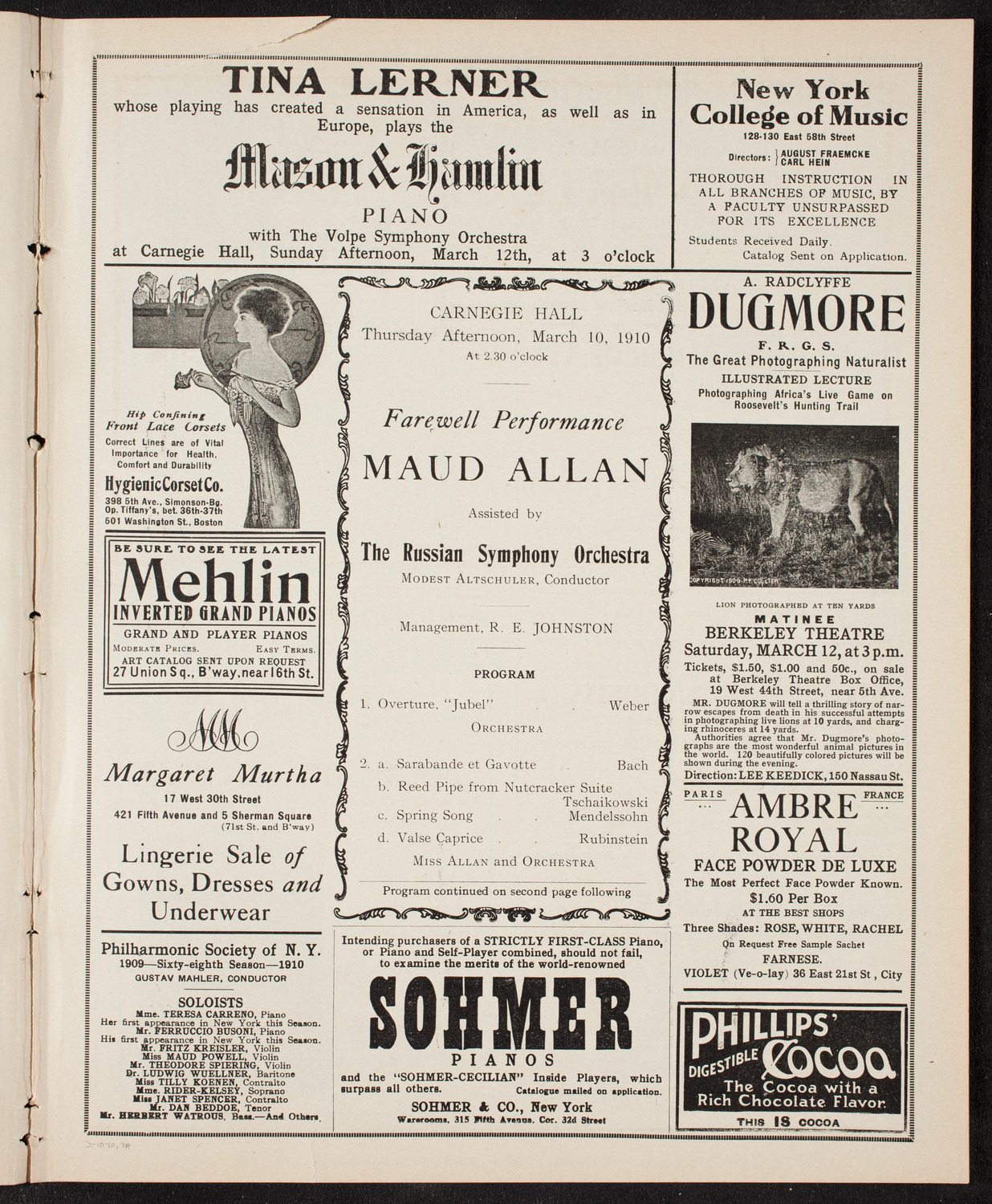 Maud Allan with The Russian Symphony Orchestra, March 10, 1910, program page 5