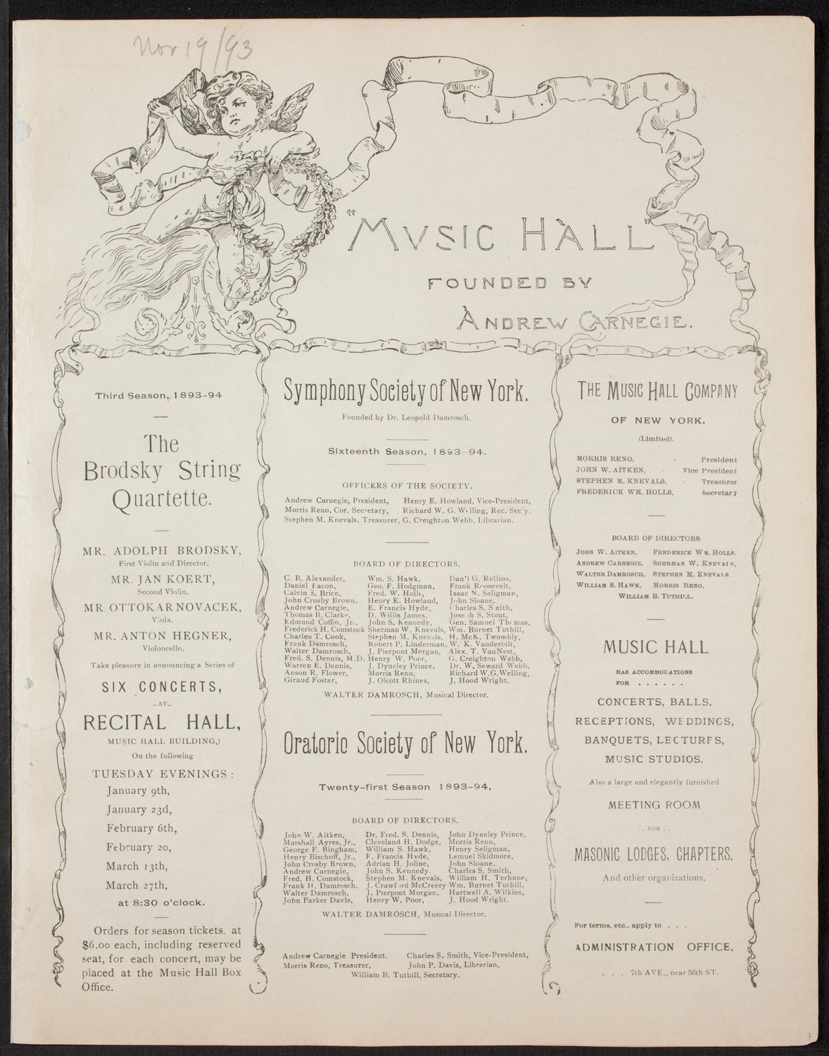 Damrosch Sunday Concert, November 19, 1893, program page 1