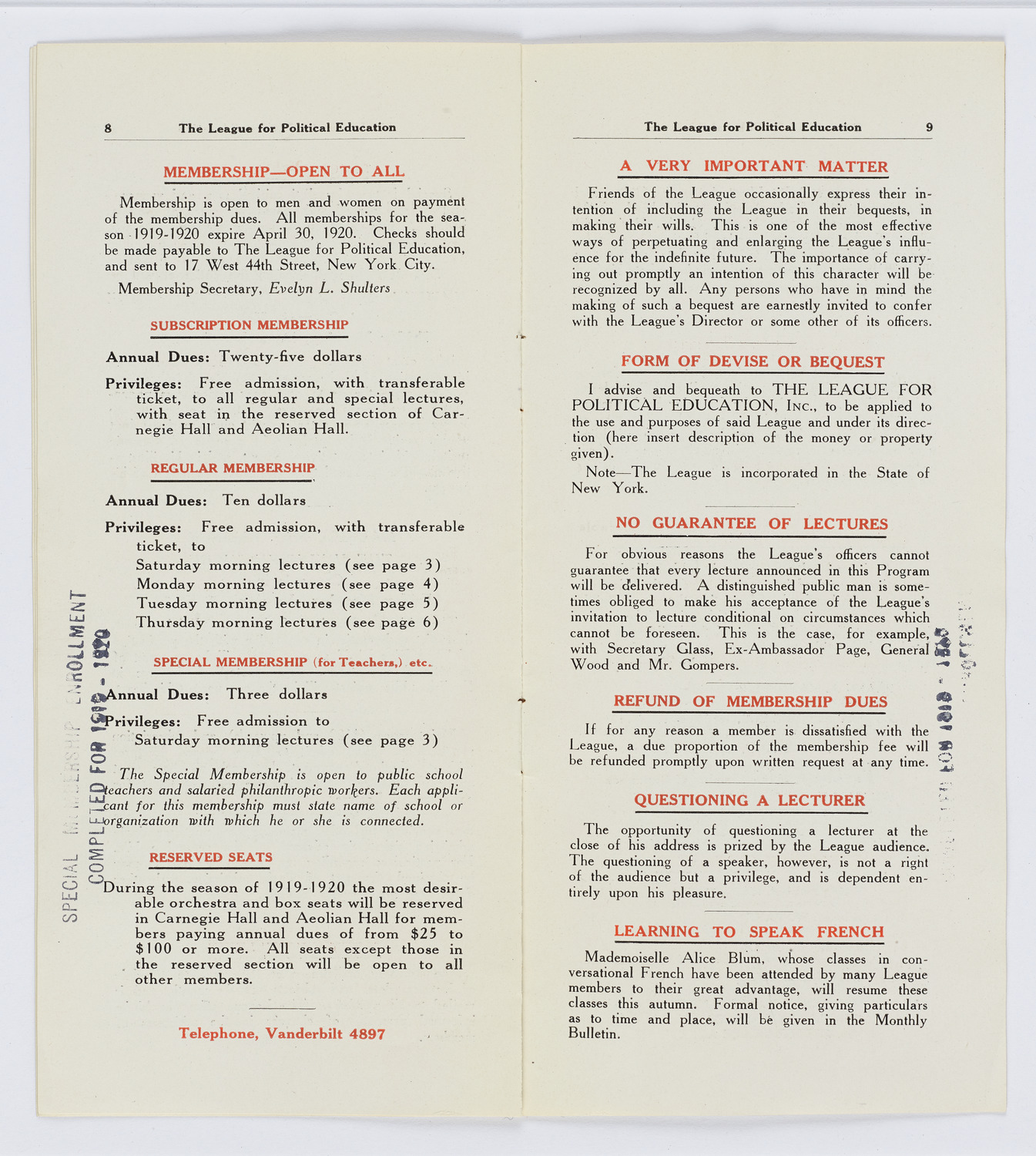 The League for Political Education, Program of Lectures, December 5, 1919