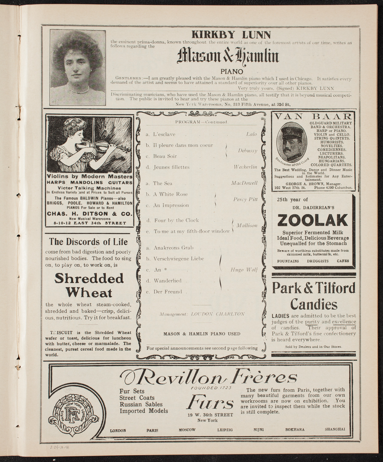 Louise Kirkby-Lunn, Mezzo-Soprano, February 24, 1910, program page 7