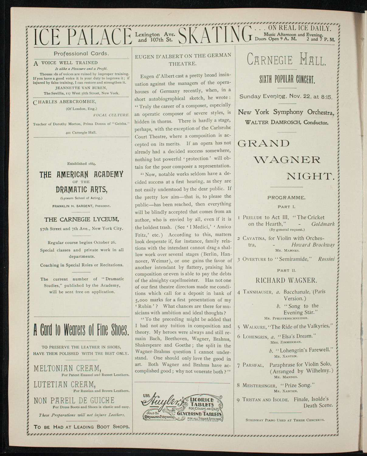 Bronislaw Huberman, Violin, with Seidl's Metropolitan Permanent Orchestra, November 21, 1896, program page 2