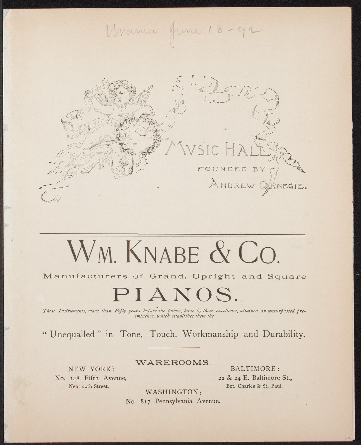 Urania Scientific Theatre, June 18, 1892, program page 1