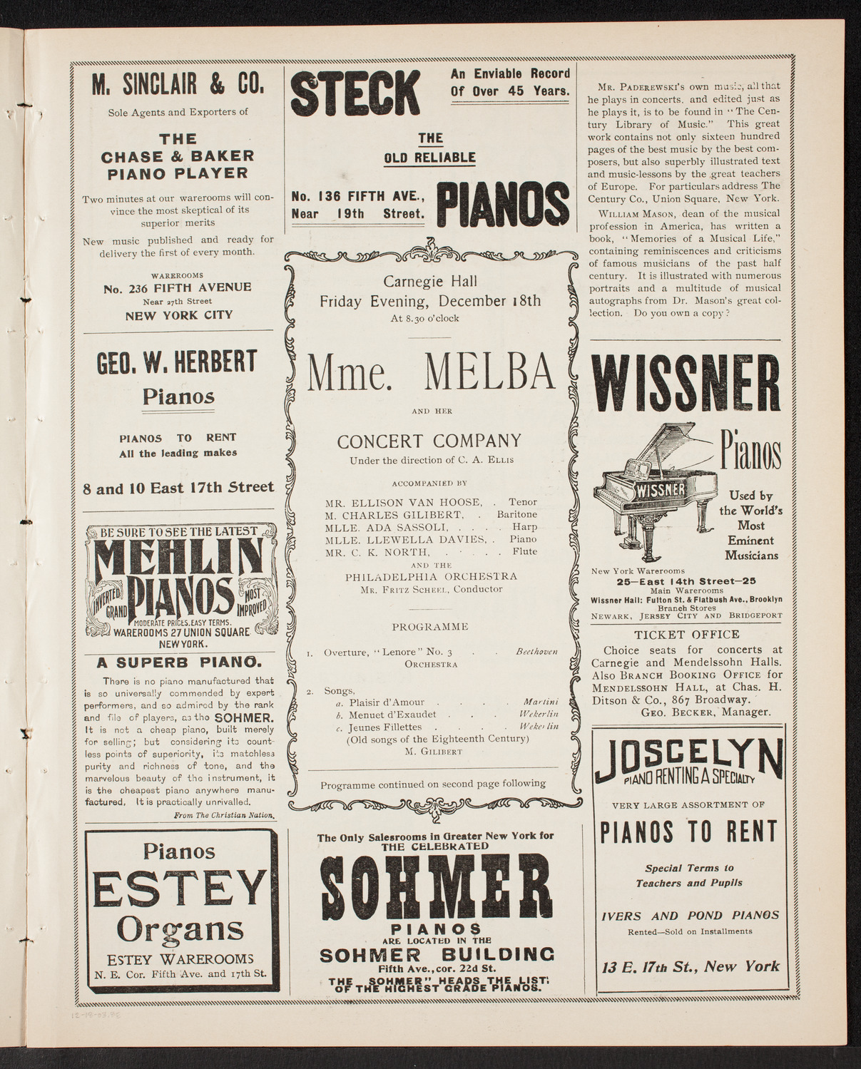 Nellie Melba, Soprano, and Her Concert Company, December 18, 1903, program page 5